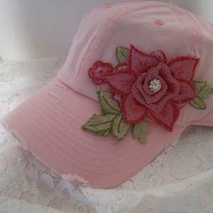 Trucker Hat Baseball Hats Distressed Hats Pink Trucker Bling Hat Pink Flower Trucker Flower with Rhinestone Accent Hats Cancer Awareness