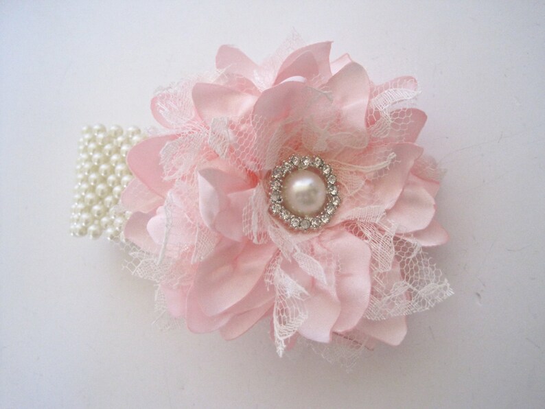 Wrist Corsage Pink Satin and Lace Pearl Cuff or Three Strand Bracelet Bridesmaid Mother of the Bride Prom with Pearl Rhinestone Accents. image 3