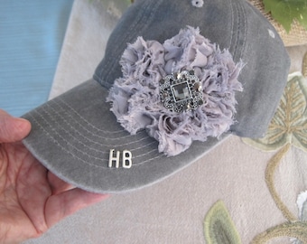Tan Baseball Cap: Shabby Chic Flower Hat With Rhinestone  display picture 1