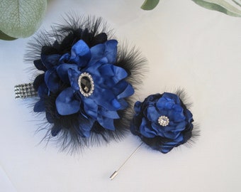 Wrist Corsage Royal Blue with Black Feathers Rhinestone Wrist Corsage Bridesmaid Mother of the Bride Homecoming Prom with Rhinestone Accent