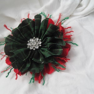 Holiday Christmas Flower Brooch: Red & Green Plaid, Rhinestone Accent