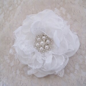 Winter White Satin Chiffon and Lace Bridal Flower Hair Clip Bridal Accessories Bride Bridesmaid Prom with Pearl and Rhinestone Accent image 5