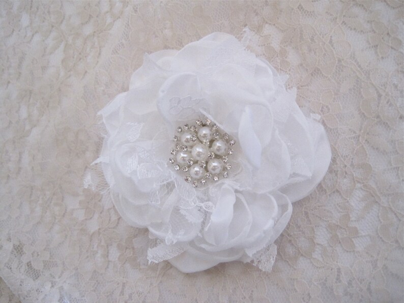 Winter White Satin Chiffon and Lace Bridal Flower Hair Clip Bridal Accessories Bride Bridesmaid Prom with Pearl and Rhinestone Accent image 5