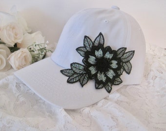 Baseball Cap, Trucker Hat, Dad's Hats, White Hat with Gorgeous 3 D Appliqué in Black, Women's Chic Hat, Bling Hats, Baseball Caps, Truckers