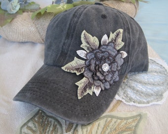 Vintage Handmade Oversized Black Cap with Flower Applique Floral Embroidered Black Cap, Baseball Cap, Custom  main image 2