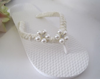 Little Girl Flip Flops Bridal Wedding Flower Girl French Knotted with Flower Pearl and Rhinestone Accents Custom Order
