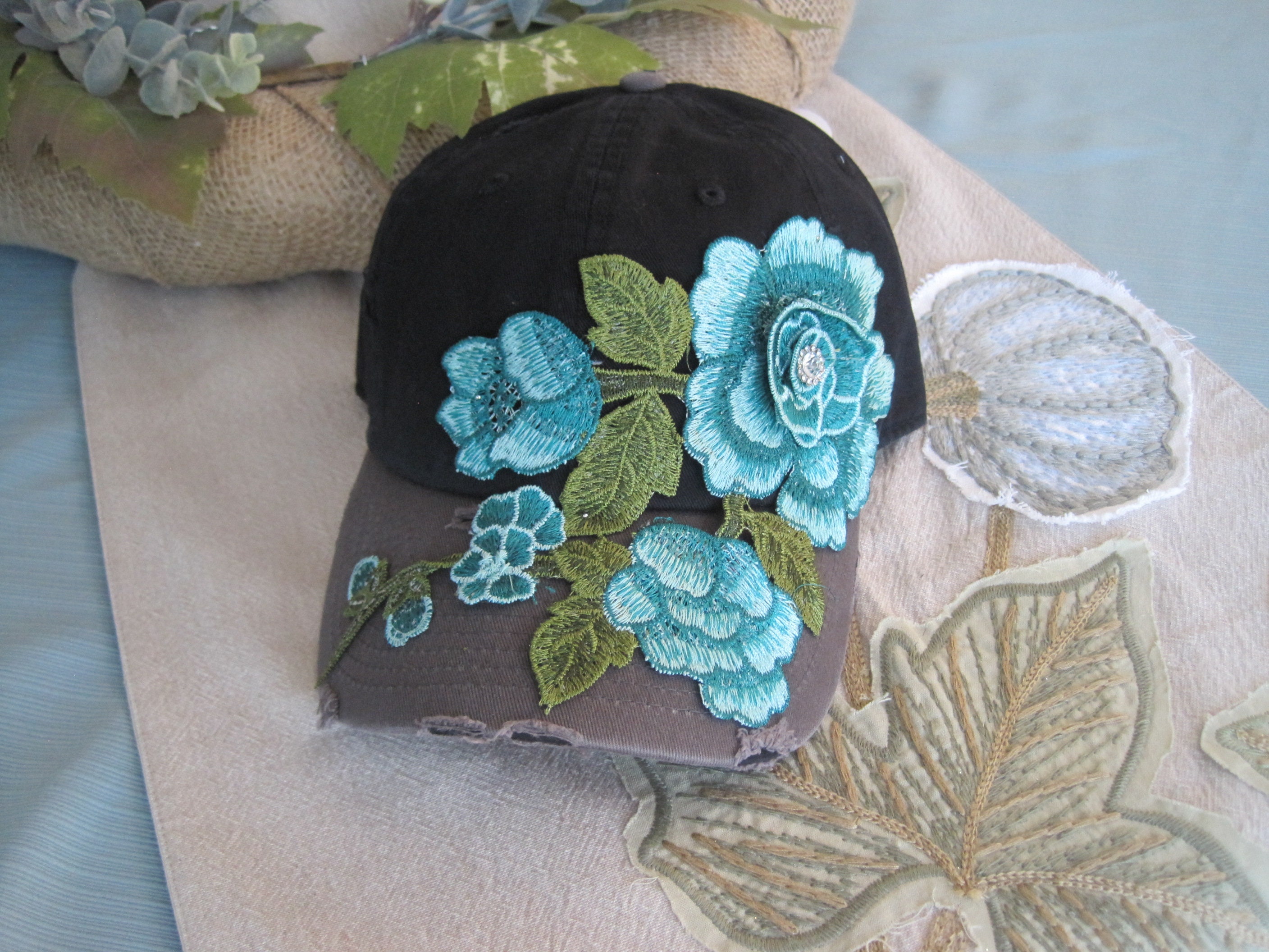 Vintage Handmade Oversized Black Cap with Flower Applique New Era Cap Flower Embroidery Black Denim 9TWENTY Adjustable Hat main image 4