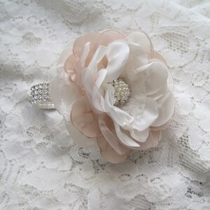 Wrist Corsage Champagne and Ivory Chiffon Organza and Lace with Rhinestone Bracelet and Pearl and Rhinestone Accent Wedding Homecoming Prom