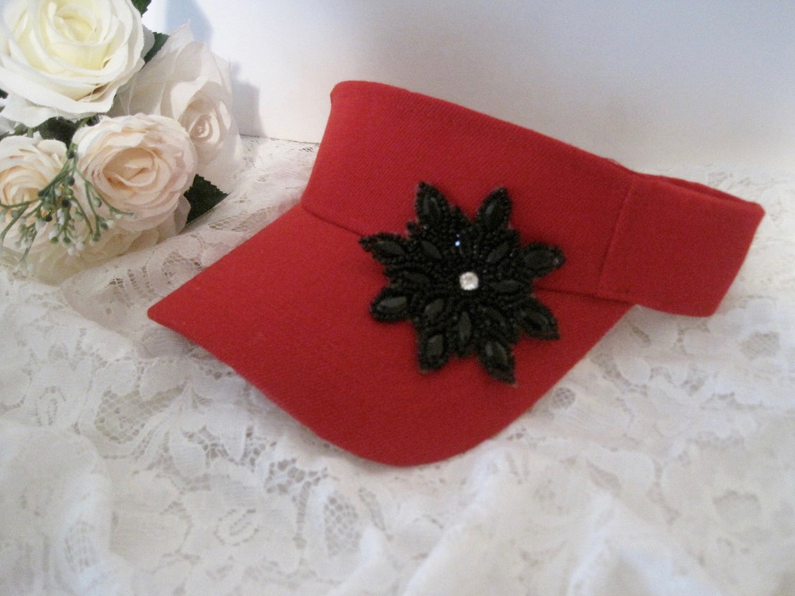 Golf Visor Sun Visor Red Visor With Black Beaded Appliqué Etsy