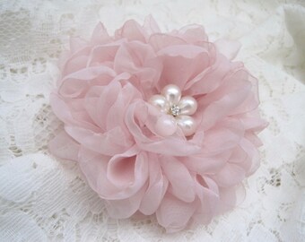 Gorgeous Blush Pink Chiffon Hair Clip Bridal Bride Bridesmaid Mother of the Bride with Pearl and Rhinestone Accent Hair Accessories Bridal