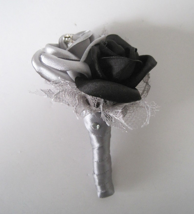 Silver Grey and Black Satin Boutonniere Groom Groomsmen Usher Father of the Bride Prom With Rhinestone Accent..Custom