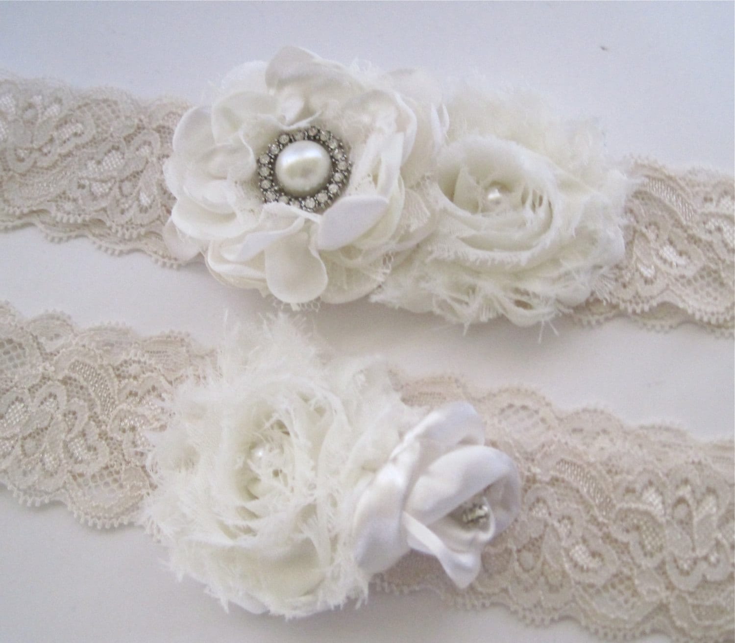 Garter Set Ivory Romantic Rose Handmade Flowers With Pearl and - Etsy