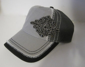 Two Tone Grey and Black Trucker Baseball Cap Hat with Gorgeous Black Rhinestone Accent Caps Womens Accessories