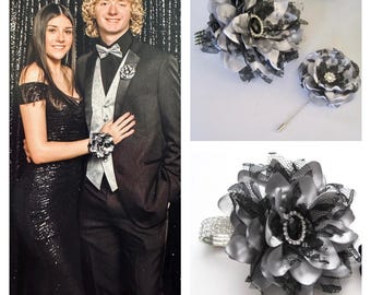 Custom Corsage Boutonniere Set: Silver, Black Lace, Rhinestone Prom Flowers