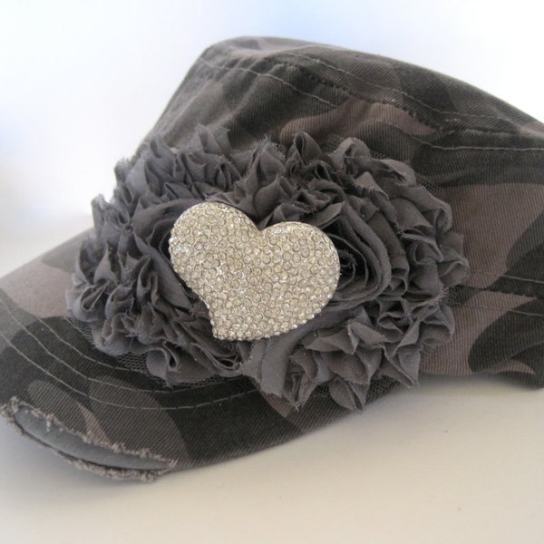 Cadet Military Vintage Look Army Hat  in Grey Camouflage with Grey Chiffon Flower and a Gorgeous Rhinestone Brooch Accent