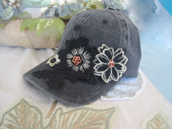 Black Trucker Hat: Sequin Flower Appliqué Baseball Cap - Etsy