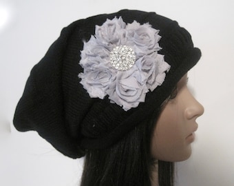 Slouch Beanie Black Knit Beanie Winter Hat With a  Gray Shabby Flower and Beautiful Rhinestone Accent Winter Hats Womens Hats Womens Beanies