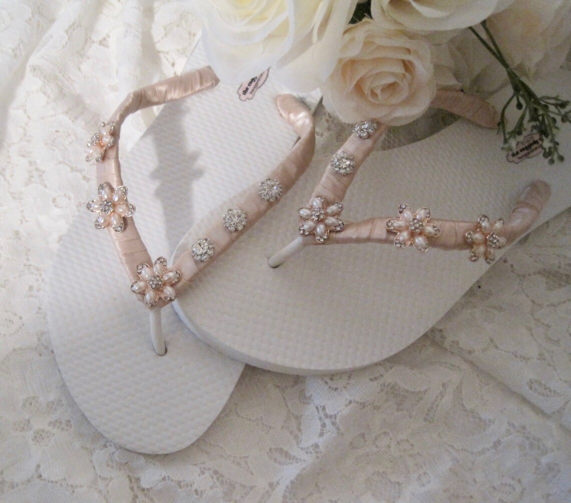 Flip Flops Bridal Wedding Blush Champagne With Pearl and | Etsy