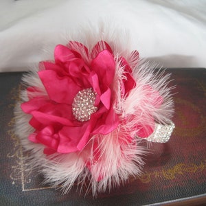 Wrist Corsage Bright Shocking Pink with Natural White Feathers Rhinestone Wrist Corsage Homecoming Prom Feather Corsage Bracelet Set