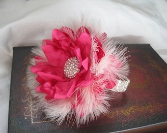 Wrist Corsage Bright Shocking Pink with Natural White Feathers Rhinestone Wrist Corsage Homecoming Prom Feather Corsage Bracelet Set