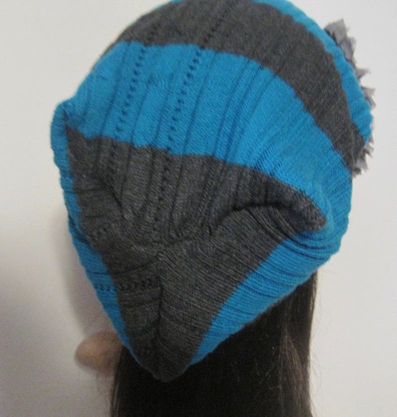 Gray and Blue Striped Recycled Sweater Slouch Beanie With Gray Chiffon Flowers and Rhinestone Accent Winter Hats Sweater Hats Accessories