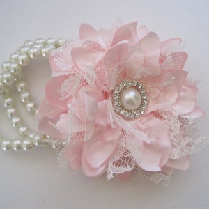 Wrist Corsage Pink Satin and Lace Pearl Cuff or Three Strand Bracelet Bridesmaid Mother of the Bride Prom with Pearl Rhinestone Accents. image 4