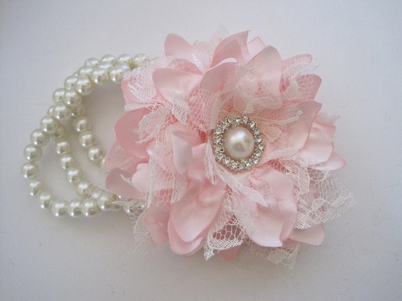 Wrist Corsage Pink Satin and Lace Pearl Cuff or Three Strand Bracelet Bridesmaid Mother of the Bride Prom with Pearl Rhinestone Accents. image 4