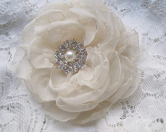 Champagne Chiffon Flower Hair Clip or Brooch Pin: Pearl Rhinestone Accent Custom Order