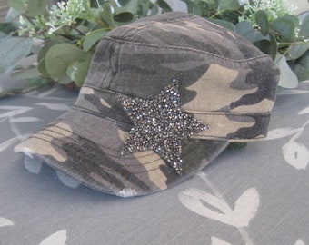 Cadet Hat Military Cap Camouflage Distressed Cadet Military Hat with Beautiful Star Appliqué Caps Military Hats Accessories Cadet Hats Bling