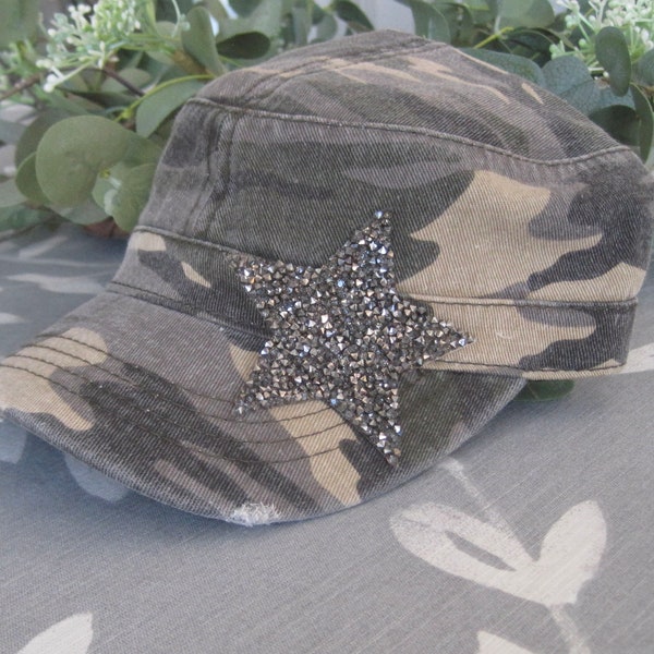 Cadet Hat Military Cap Camouflage Distressed Cadet Military Hat with Beautiful Star Appliqué Caps Military Hats Accessories Cadet Hats Bling