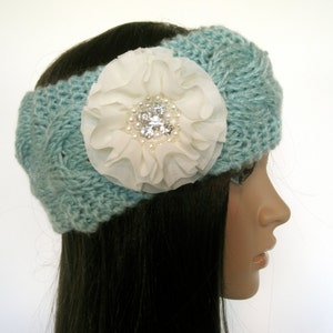 Mint Green Cable Knit Ear Warmer Headband Head Wrap Winter Hats Accessories with Ivory Chiffon Flower with Pearl and Rhinestone Accent image 1