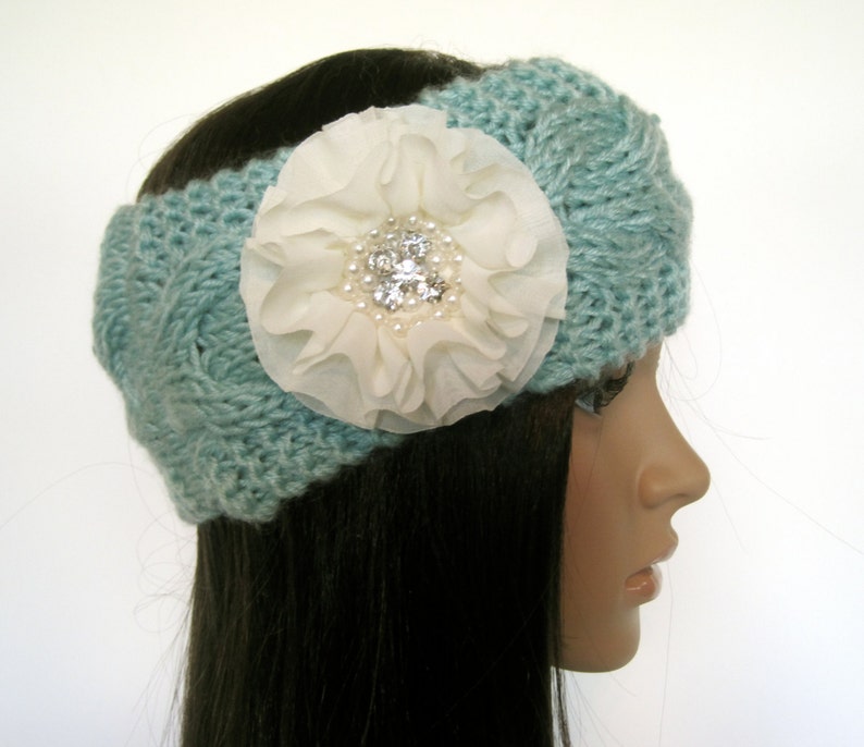 Mint Green Cable Knit Ear Warmer Headband Head Wrap Winter Hats Accessories with Ivory Chiffon Flower with Pearl and Rhinestone Accent image 1