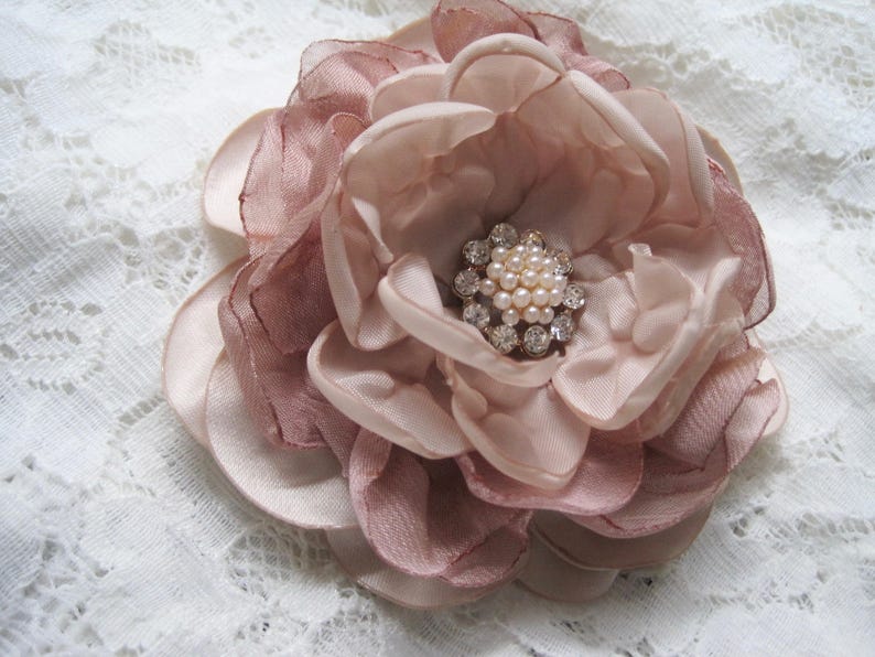 Custom Made to Order Rose Gold Champagne Satin Chiffon Flower Hair Clip Bride Bridesmaid Mother of the Bride Pearl and Rhinestone Accent image 2