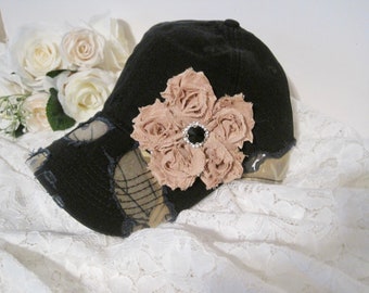 Camouflage Trucker Hat: Distressed Baseball Cap with Tan Flower