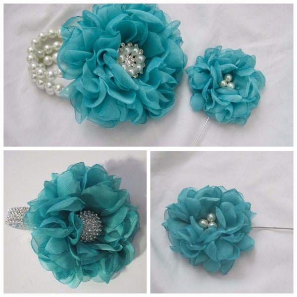 Gorgeous Aqua Turquoise Chiffon Flower Bracelet Set Wrist Corsage Designed in Your Colors Custom Order Wedding Prom Homecoming Winter Formal