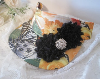 Final Sale Flat Bill Visor: Black Chiffon Flower, Rhinestone Accent