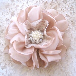 Elegant Champagne Satin with Lace Bridal Flower Hair Clip Bridal Accessories Bride Bridesmaid Prom with Pearl and Rhinestone Accent image 3