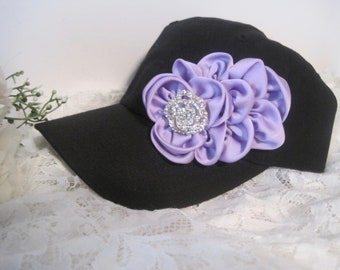 Youth Girls Black Baseball Cap with Beautiful Lavender Flower and Rhinestones Accent Girls Hat Toddler Hat Toddler Girl Baseball Caps Childs