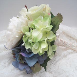 Mixed Bridal Bouquet with Hydrangea Peonies and Roses French Knotted with Pearl Accents Handle Prom Bouquet....Ready to Ship