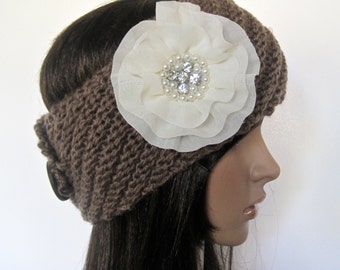 Brown Taupe Knit Ear Warmer Headband Head Wrap with Ivory Chiffon Flower with Pearl and Rhinestone Accents