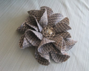 Brooch Flower  Recycled Wool Flower Tattered Petal Flower Grey Tweed Flower Brooch Pin Jacket Lapel Flower Coat Brooch Wool Flower Brooch