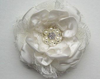 Ivory Satin Flower Hair Clip or brooch with Rhinestone Trim Amazon.com : PRETTYLIFE Pearls Flower Hair Clips 2pcs Bridal  main image 2