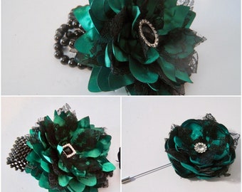 Corsage Bracelet Set Emerald Green Prom Homecoming Winter Formal Wrist Corsage Boutonniere Designed in Your Colors with Rhinestone Accents