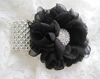 Corsage Bracelet Black Chiffon Flower Silver Cuff Wrist Corsage Choose Your Style Bracelet Prom Homecoming Wedding Custom Order