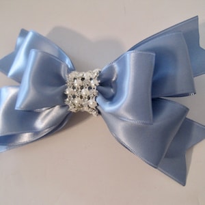 Satin Hairbow Pageant Bow Little Girl Bow Blue Satin Bow Bling Bow Pearl and Rhinestone Bow Choose Your Color Bow Flower Girl Bow 5&quot; Bow