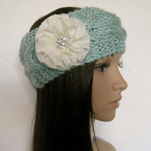 Mint Green Cable Knit Ear Warmer Headband Head Wrap Winter Hats Accessories with Ivory Chiffon Flower with Pearl and Rhinestone Accent image 2