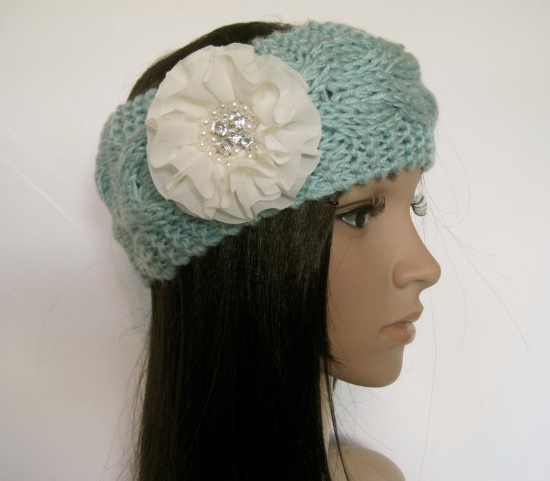 Mint Green Cable Knit Ear Warmer Headband Head Wrap Winter Hats Accessories with Ivory Chiffon Flower with Pearl and Rhinestone Accent image 2