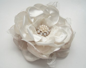 Handmade Ivory Satin Wedding Flower Hair Clip or Brooch : Pearl Rhinestone Lace