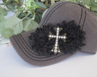 Grey Black Stitched Trucker Baseball Cap Cross Trucker Black Flower Trucker with Cross Bling Trucker Baseball Caps Rhinestone Cross Trucker