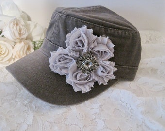 Cadet Hat Grey Military Hat Baseball Caps Trucker Hats Flower Caps with Grey Shabby Flower with Smokey Grey Rhinestone Accent